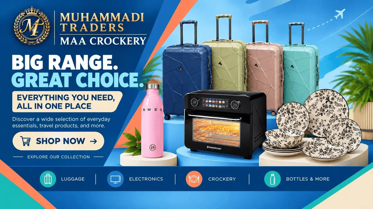 Promotional banner for Muhammadi Traders Maa Crockery, showcasing a collection of travel essentials including four suitcases in blue, green, pink, and teal, a black toaster oven, a pink bottle, and a set of patterned plates on a vibrant blue and orange background.